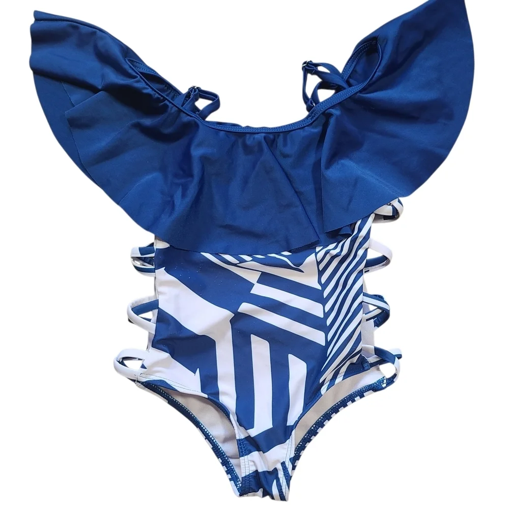 PatPat Girls 3-4Y Blue Geometric One-Shoulder Ruffle Swimsuit Cutout